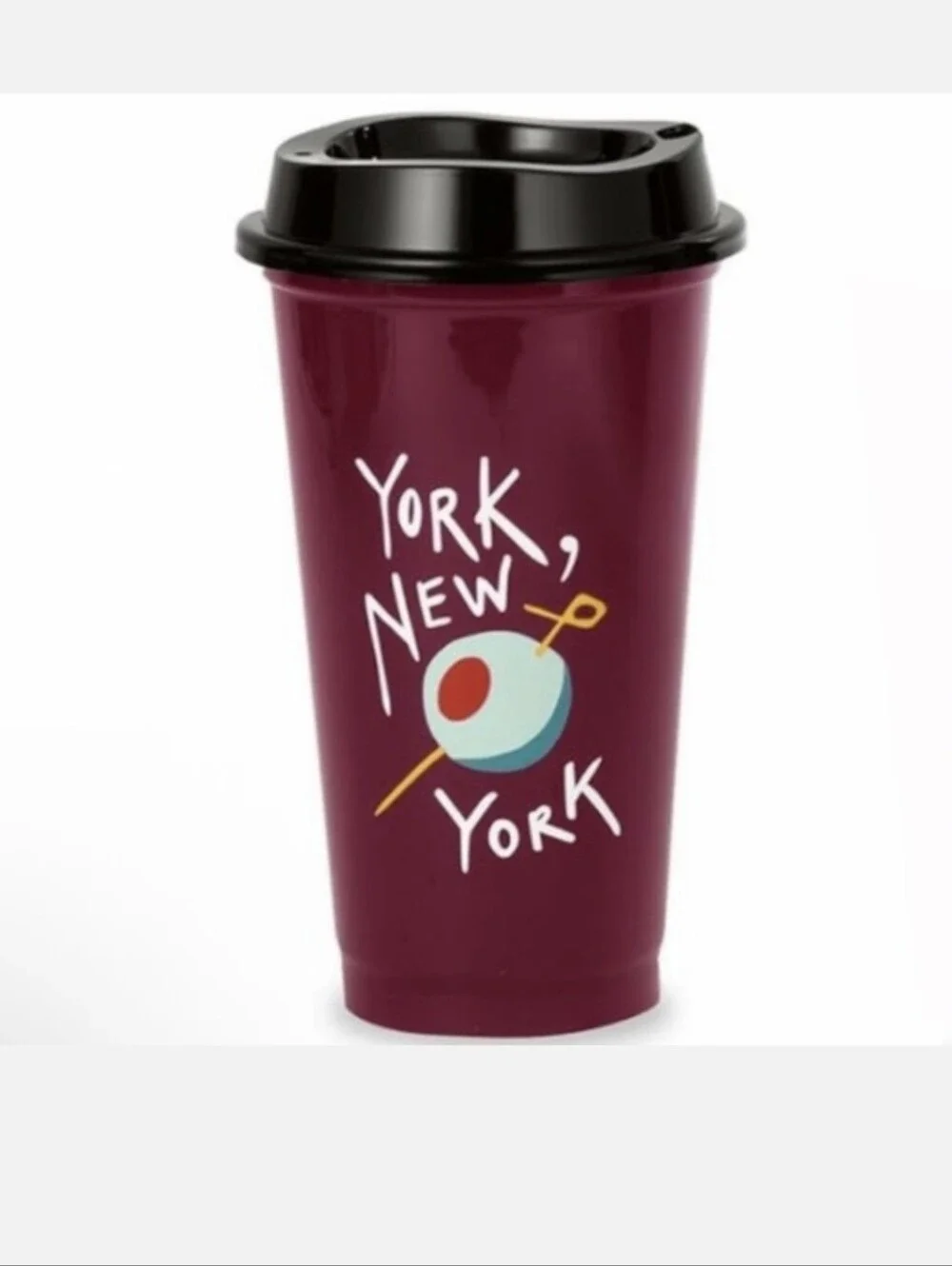 kate spade Burgundy Travel Tumbler with Black Lid and Fun Graphic